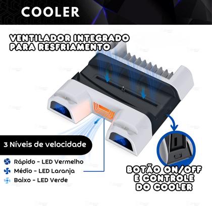 Imagem de Suporte Multifuncional Base Cooler Carregador Controle Duplo Slots Compatível Com Ps5 e Ps5 Slim