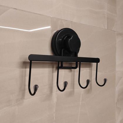 Imagem de Suporte Multiuso 4 Ganchos Cabideiro Preto com Ventosa Parede Banheiro Lavanderia