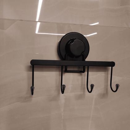 Imagem de Suporte Multiuso 4 Ganchos Cabideiro Preto com Ventosa Parede Banheiro Lavanderia