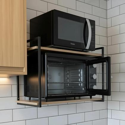 Imagem de Suporte Nicho para Microondas Forno Prateleira Reforçada 70cm x 40cm Metal e Madeira com Acabamento