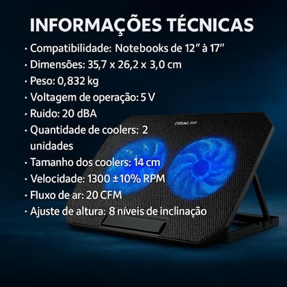 Imagem de Suporte Notebook Base Refrigerada 2 Coolers Com 8 Ajuste de Altura Home Office Silencioso Nfe