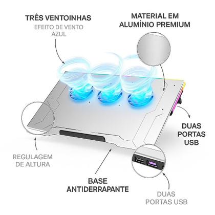 Imagem de Suporte Notebook Gamer Alumínio 3 Coolers RGB Base Refrigerada