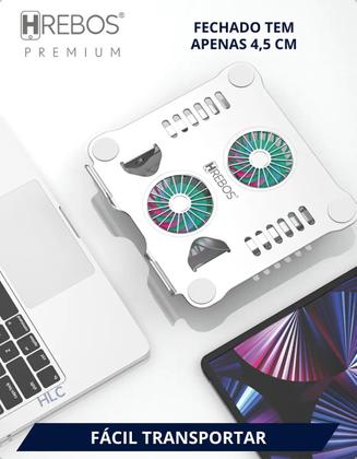Imagem de Suporte Notebook Hrebos Ajustável Alumínio 360 c/ 2 Coolers LED RGB Ergonômico