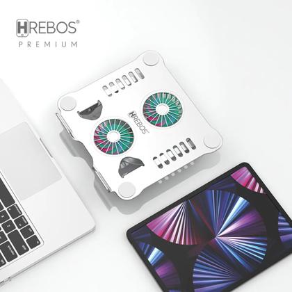 Imagem de Suporte Notebook Hrebos Ajustável Alumínio 360 c/ 2 Coolers LED RGB Ergonômico