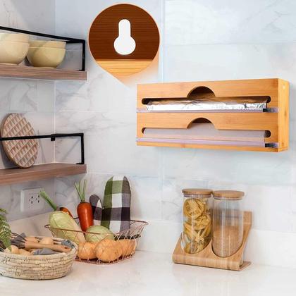 Imagem de Suporte Organizador Bambu Rolo Papel Film Alumínio C/ Corte