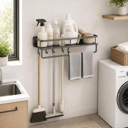 Imagem de Suporte Organizador de Lavanderia Aço Carbono Porta Vassoura Rodo e Produtos de Limpeza