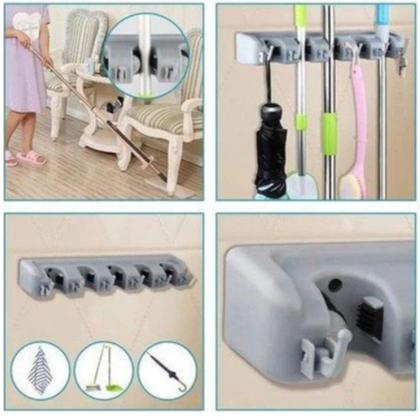 Imagem de Suporte Organizador Multiuso 5 Lugares 6 Ganchos Porta Vassoura Rodo Chaves Posições