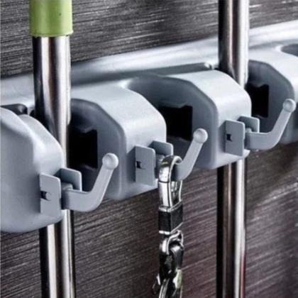 Imagem de Suporte Organizador Multiuso 5 Lugares 6 Ganchos Porta Vassoura Rodo Chaves Posições