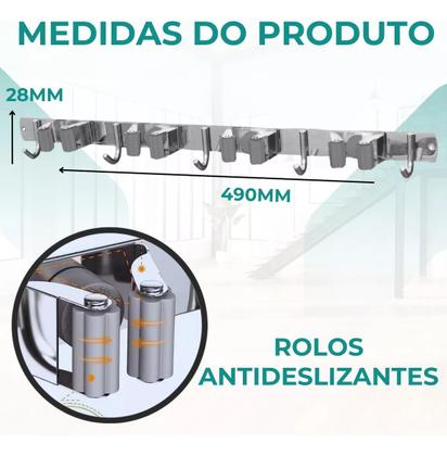 Imagem de Suporte Organizador Porta Vassoura e Rodo Inox 7 Ganchos Organização Prática 7 em 1, Durável e Fácil Instalar Com ou Sem Furos Ideal para Lavanderia