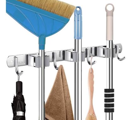 Imagem de Suporte Organizador Porta Vassoura e Rodo Inox 7 Ganchos Organização Prática 7 em 1, Durável e Fácil Instalar Com ou Sem Furos Ideal para Lavanderia