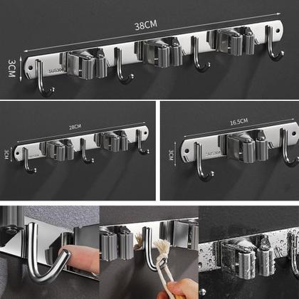 Imagem de Suporte Organizador Porta Vassoura e Rodo Inox 7 Ganchos Organização Prática 7 em 1, Durável e Fácil Instalar Com ou Sem Furos Ideal para Lavanderia