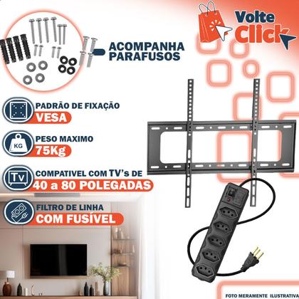 Imagem de Suporte Painel Tv Parede Fixo 40 a 80 Pol Até 75Kg Slim Universal + Régua de Energia 5 Entradas