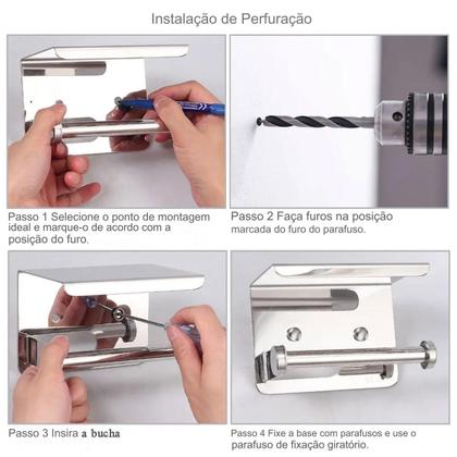 Imagem de Suporte Papel Higienico Inox Kit 2 unidades Banheiro Lavabo Prateleira Porta Celular Objeto Parede Multiuso Resistente
