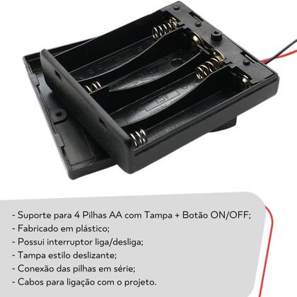 Imagem de Suporte para 4 Pilhas AA com Tampa + Chave Botão ON/OFF - Kit 10 Peças