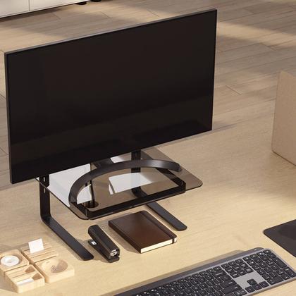 Imagem de Suporte para Monitor Preto com 3 Regulagens de Altura em Aço e Vidro Fumê Certificado NR17 Reliza