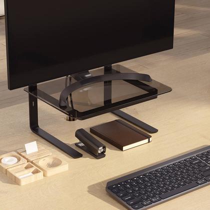 Imagem de Suporte para Monitor Preto com 3 Regulagens de Altura em Aço e Vidro Fumê Certificado NR17 Reliza