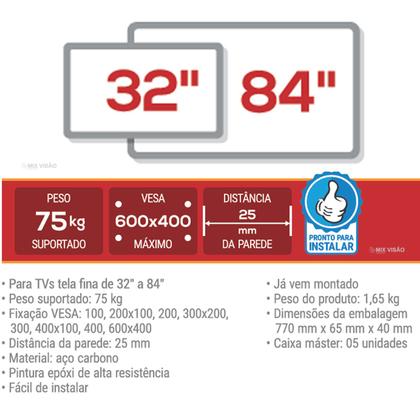 Imagem de Suporte para TV até 86 Polegadas Ultra Slim 75kg - Stpf63