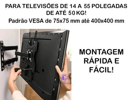 Imagem de Suporte Para Tv Tri Articulado Lcd Led Plasma 14 a 55 Pol Samsung LG Philco Tcl 32 40 42 43 47 50 52 55 Polegadas