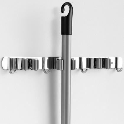 Imagem de Suporte Para Vassoura De Parede Inox Com 4 Ganchos e 5 Ranhuras Organizador