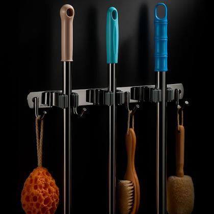 Imagem de Suporte Para Vassoura De Parede Inox Com 4 Ganchos e 5 Ranhuras Organizador