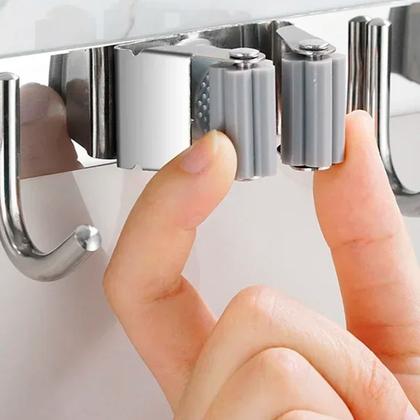 Imagem de Suporte Para Vassoura De Parede Inox Com 4 Ganchos e 5 Ranhuras Organizador
