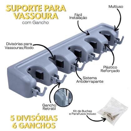 Imagem de Suporte para Vassoura e Rodo com 5 Divisórias Antiderrapante e 6 Ganchos Multiuso Reforçado