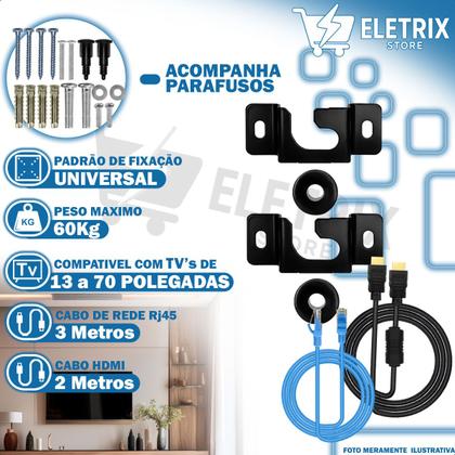 Imagem de Suporte Parede 13-70" Fixo Universal Tv Qled Oled Smart + Cabo Multimídia Hdmi 2m + Cabo de Rede 3m