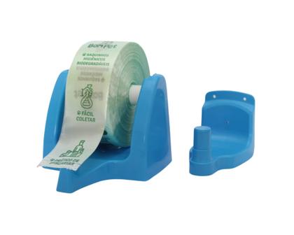 Imagem de Suporte parede azul com bobina de saquinhos biodegradáveis