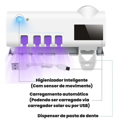 Imagem de Suporte Porta Escova Dentes Dipenser Pasta Esterelizador Uv Cor Branco Yumi