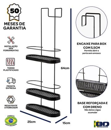 Suporte Porta Shampoo Encaixe Box Banheiro Não Enferruja Preto - METALTRU Imagem de Suporte Porta Shampoo Encaixe Box Banheiro Não Enferruja Preto