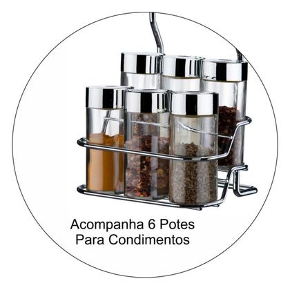 Imagem de Suporte Porta Temperos 6 Potes 90ml Com Suporte Para Barra De Cozinha Organizador Cromado 7 Peças Para Cozinha Bancada