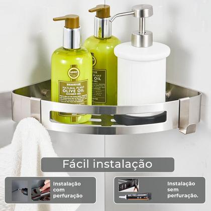 Suporte shampoo de canto parede banheiro Aço inox Cromado - Fino Inox Imagem de Suporte shampoo de canto parede banheiro Aço inox Cromado