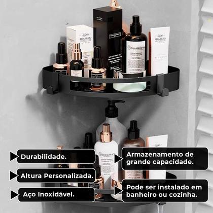 Suporte shampoo de canto parede banheiro Aço inox Preto - Fino Inox Imagem de Suporte shampoo de canto parede banheiro Aço inox Preto