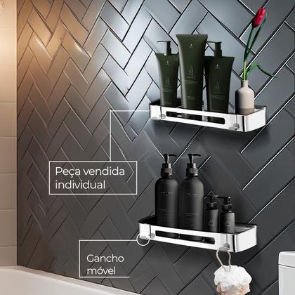 Suporte shampoo retangular parede banheiro Aço inox Cromado - Fino Inox Imagem de Suporte shampoo retangular parede banheiro Aço inox Cromado