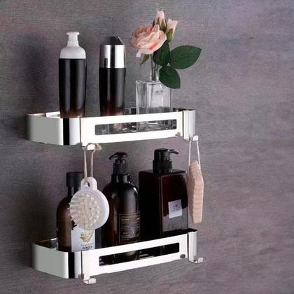 Suporte shampoo retangular parede banheiro Aço inox Cromado - Fino Inox Imagem de Suporte shampoo retangular parede banheiro Aço inox Cromado
