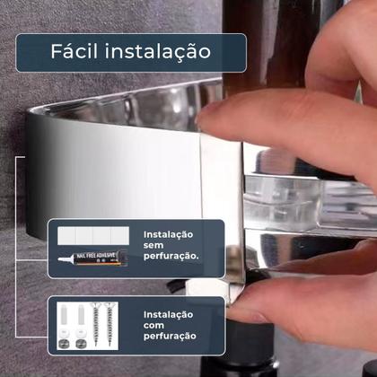 Suporte shampoo retangular parede banheiro Aço inox Cromado - Fino Inox Imagem de Suporte shampoo retangular parede banheiro Aço inox Cromado