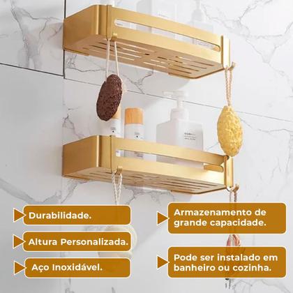 Imagem de Suporte shampoo retangular parede banheiro Aço inox Dourado