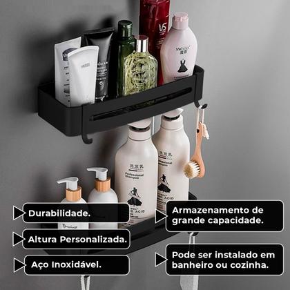 Suporte shampoo retangular parede banheiro Aço inox Preto - Fino Inox Imagem de Suporte shampoo retangular parede banheiro Aço inox Preto