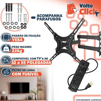 Imagem de Suporte Triarticulado TV 32 a 55 Polegadas Inclinável Universal com Extensão Elétrica 4 Saídas