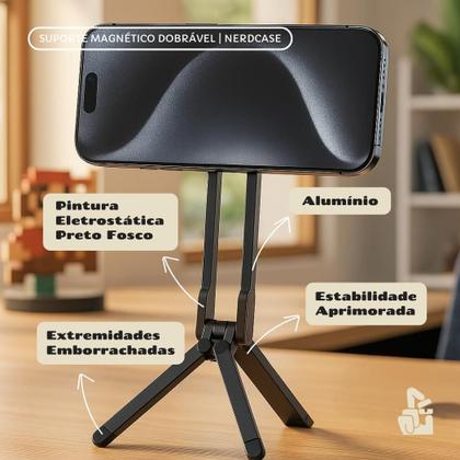 Imagem de Suporte Tripé para Celular Nerdcase, Magnético, Dobrável, Alumínio, Preto