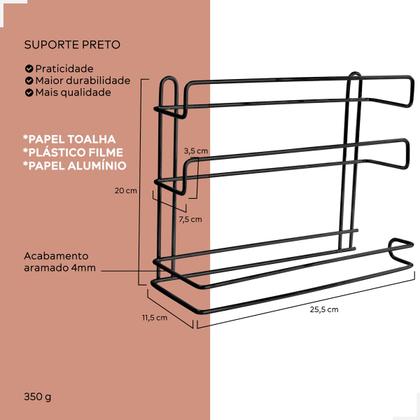 Imagem de Suporte Triplo Preto para Papel Toalha, laminado e Filmes