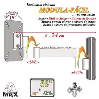 Imagem de SUPORTE TV 10 a 56 ARTICULADO VESA 400X400 3 MOVIMENTOS PAREDE BRANCO