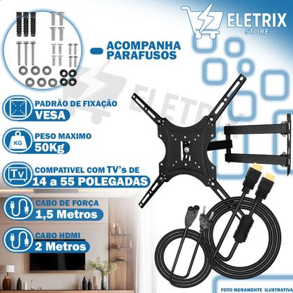 Imagem de Suporte TV Articulado 1455 Cabo HDMI 1.5m Cabo de Força Tipo Oitinho 1m