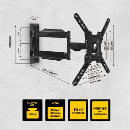 Imagem de Suporte TV Tri Articulado 26 a 65 Polegadas 38kg Universal LCD LED Inclinação Rotação 180 Quarto Sala Padrão Vesa SparkBr