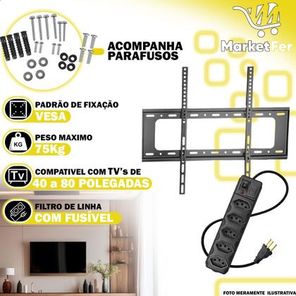Imagem de Suporte Universal Fixo Para Tv 40 a 80 Pol Até 75Kg Slim Preto Com Filtro Régua de Energia 5 Entradas