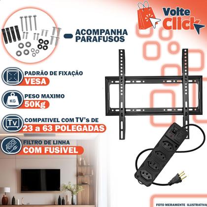 Imagem de Suporte Universal Fixo Slim para TV 23 á 63 até 50 kg Filtro de Linha 4 Tomadas 85 cm incluso Kit Instalação Parede