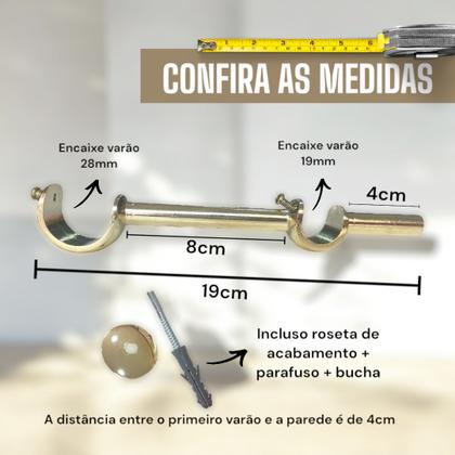Imagem de Suporte Varão Duplo Alongado Parede 19/28mm Dourado Ilhós Argola Cortina Kit 1/2/3//4/5/6 Unid