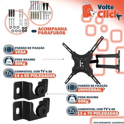 Imagem de Suportes Articulado e Fixo Universal para TV 14 a 55 e 13 a 70 Polegadas Alta Resistência até 60kg