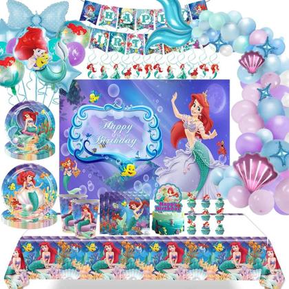 Imagem de Suprimentos Para Festa De Aniversário Da Princesa Ariel, Pratos De Papel Descartáveis, Copos, Toalha