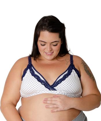 Imagem de Sutiã Amamentação com Algodão para Gestantes Branco Poá Marinho com Renda